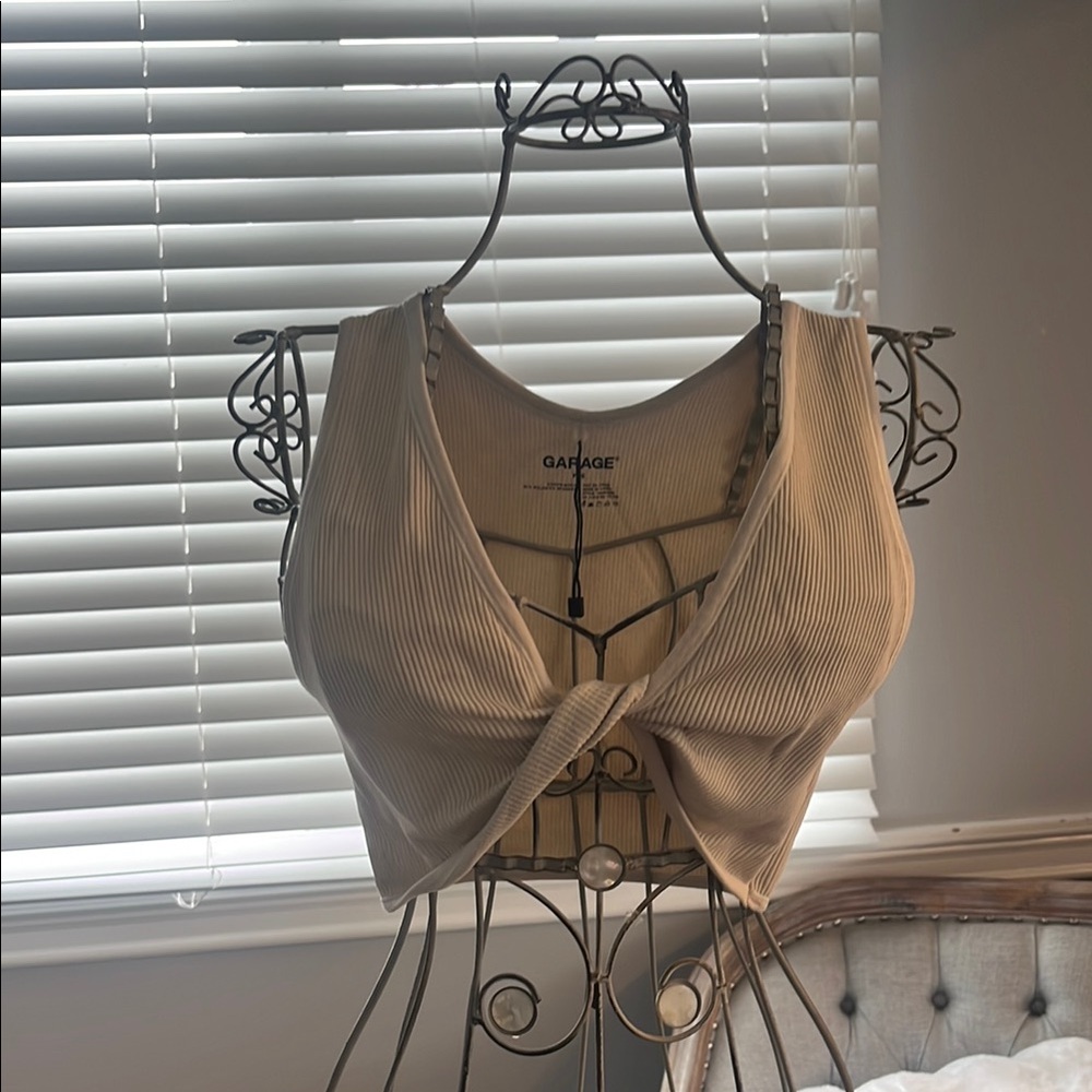 Garage Cream Tie Front Crop Tank Top